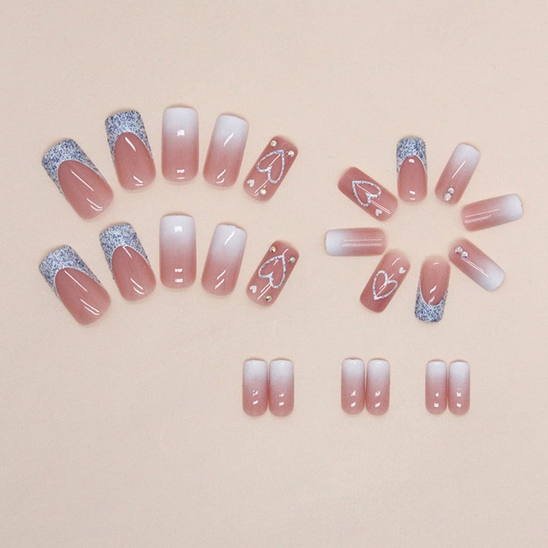 Vopintpy Blue Glitter French Tip Heart Glossy Gradient False Nails with Rhinestones - Reusable Stick on Nails - Medium Square Set - Image 3